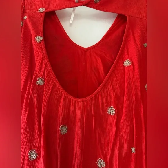 Free People red long sleeve open back floral embroidery mini dress size small. - Picture 9 of 15